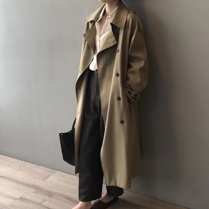 Women's Double-Breasted Water-Repellent Long Trench Coat - Khaki