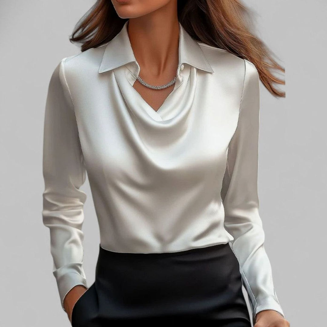 Women's Draped-Neck Long Sleeve Satin Blouses Collared Top - White