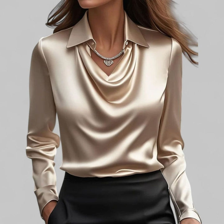 Women's Draped-Neck Long Sleeve Satin Blouses Collared Top - Champagne