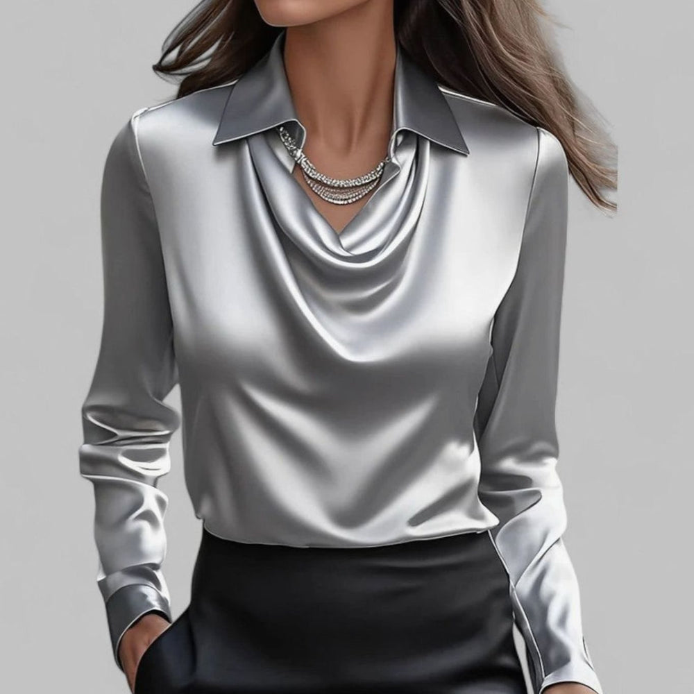 Women's Draped-Neck Long Sleeve Satin Blouses Collared Top - Grey