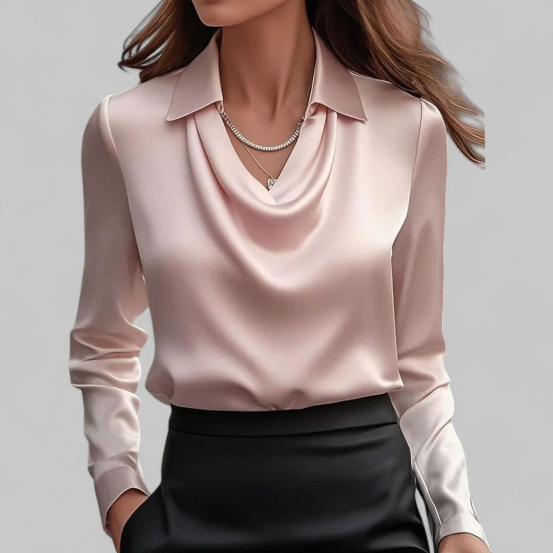 Women's Draped-Neck Long Sleeve Satin Blouses Collared Top - Pink