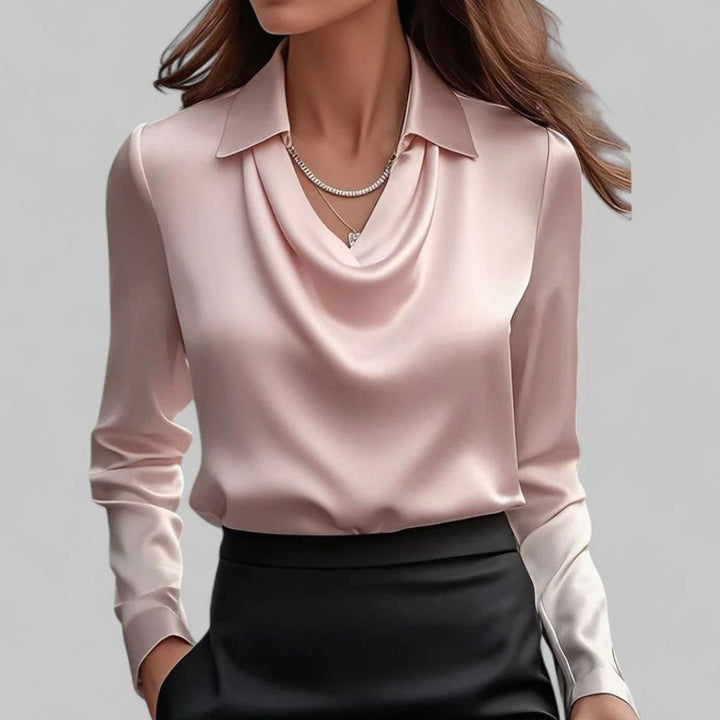 Women's Draped-Neck Long Sleeve Satin Blouses Collared Top - Pink