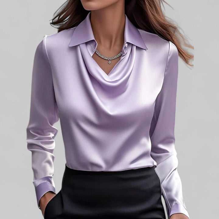 Women's Draped-Neck Long Sleeve Satin Blouses Collared Top - Purple