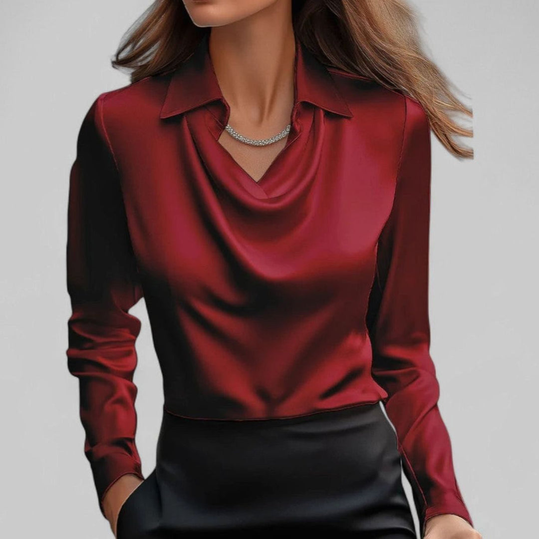 Women's Draped-Neck Long Sleeve Satin Blouses Collared Top - Red