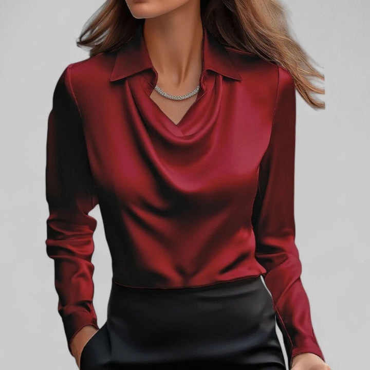 Women's Draped-Neck Long Sleeve Satin Blouses Collared Top - Red