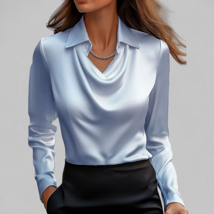 Women's Draped-Neck Long Sleeve Satin Blouses Collared Top - Blue