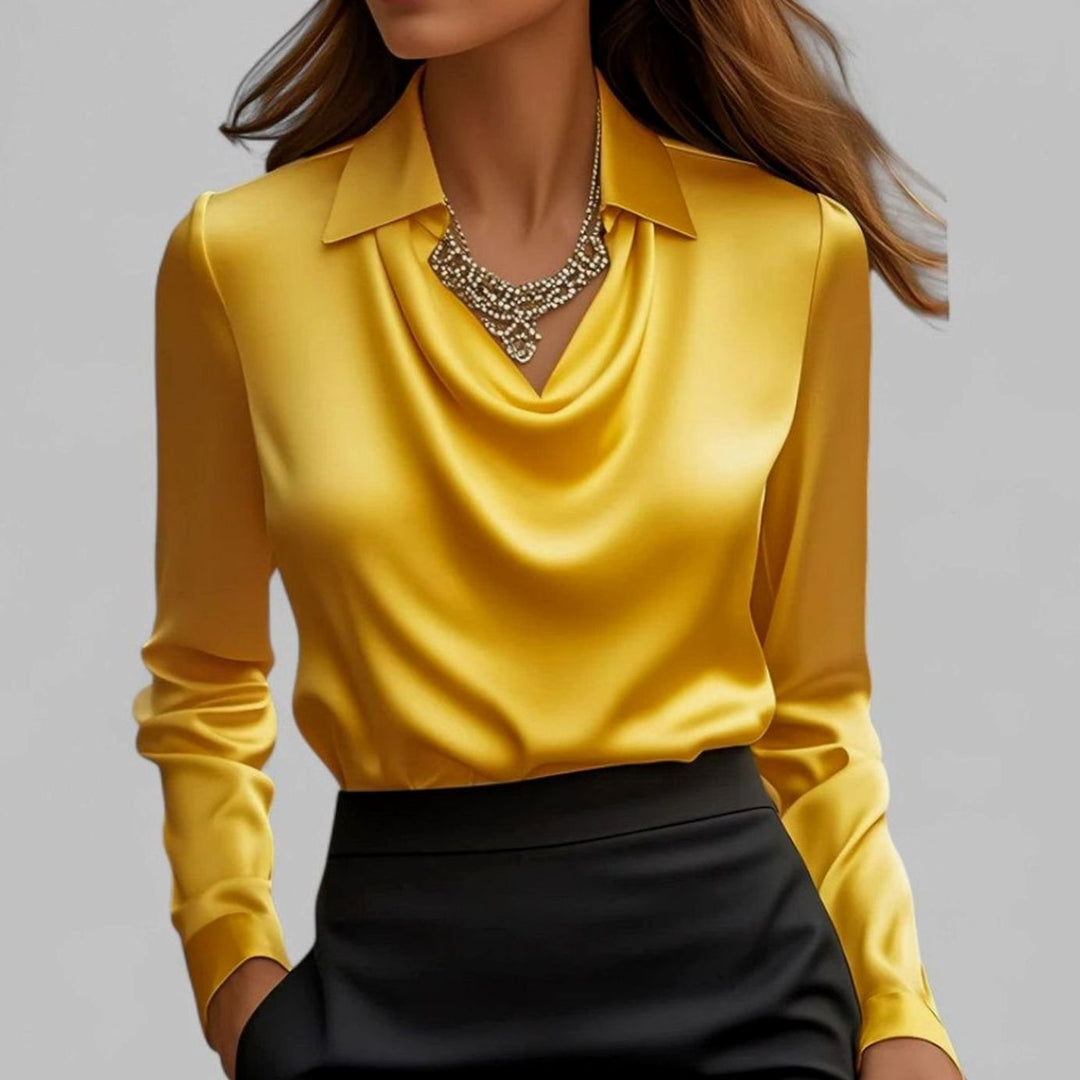 Women's Draped-Neck Long Sleeve Satin Blouses Collared Top - Yellow