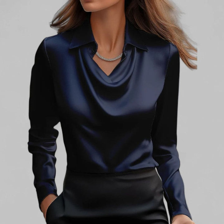 Women's Draped-Neck Long Sleeve Satin Blouses Collared Top - Navy Blue