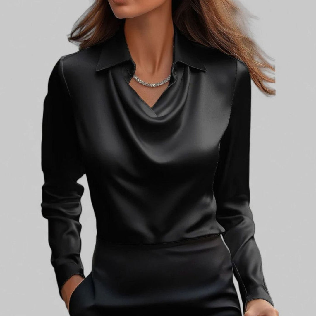 Women's Draped-Neck Long Sleeve Satin Blouses Collared Top - Black