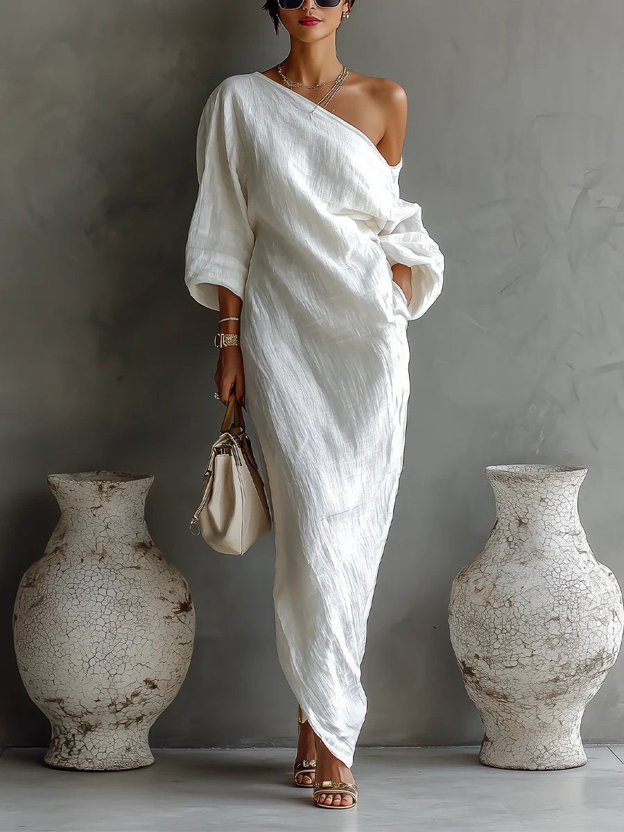 Women's Dress Elegant One-Shoulder Long Sleeve Maxi - White