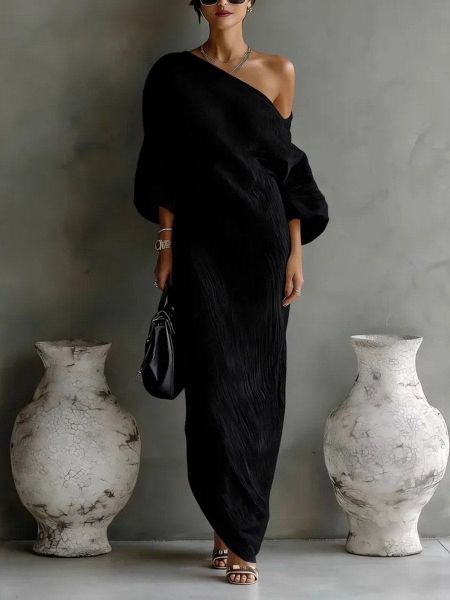 Women's Dress Elegant One-Shoulder Long Sleeve Maxi - Black