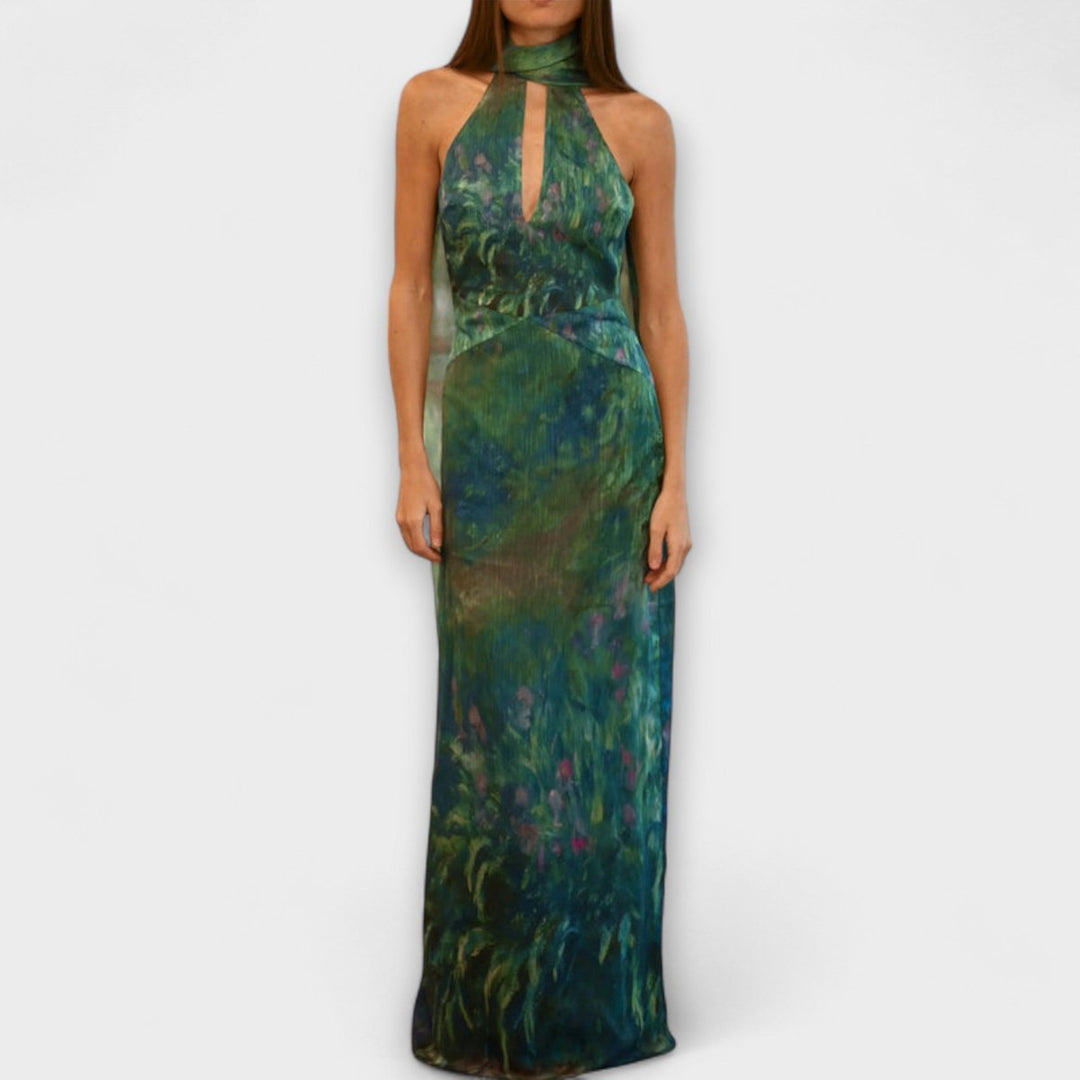 Women's Dress Monet Iris Print Halter Neck Chiffon Maxi Gown