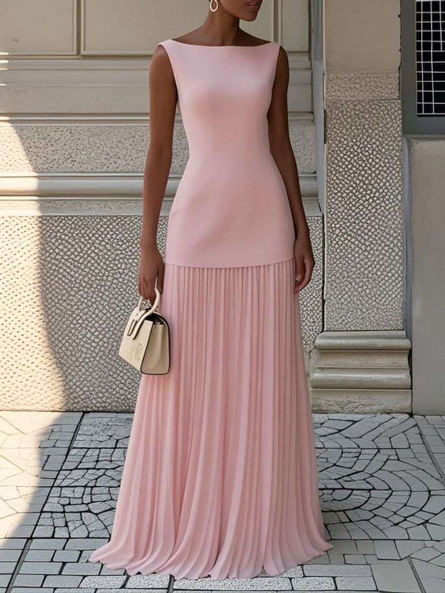 Women's Dress Sleeveless Bateau-Neck Pleated Maxi Gown - Pink
