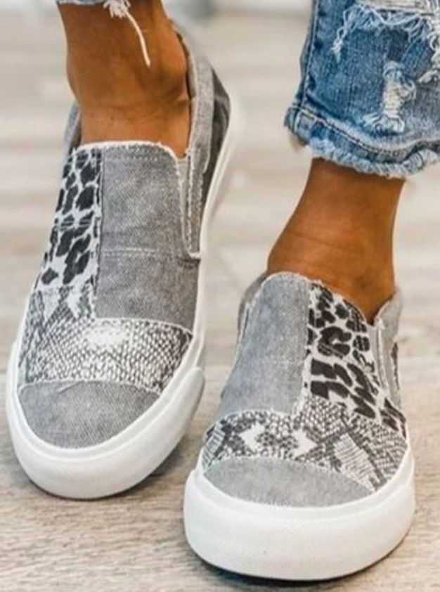 Women's Elastic Slip-On Animal Print Shoes Canvas Sneakers - Grey