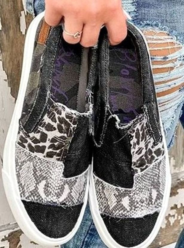 Women's Elastic Slip-On Animal Print Shoes Canvas Sneakers - Black
