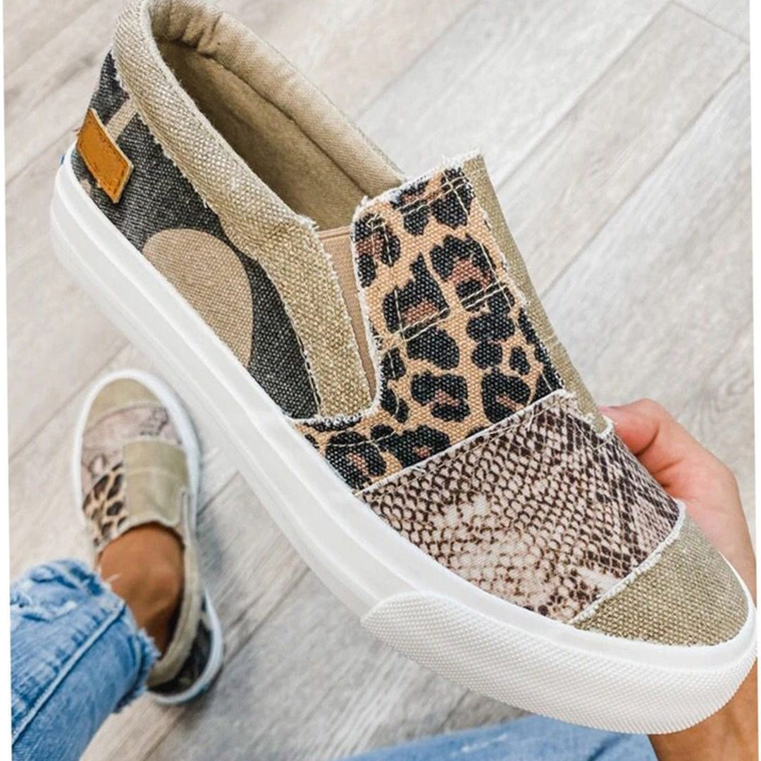 Women's Elastic Slip-On Animal Print Shoes Canvas Sneakers - Khaki