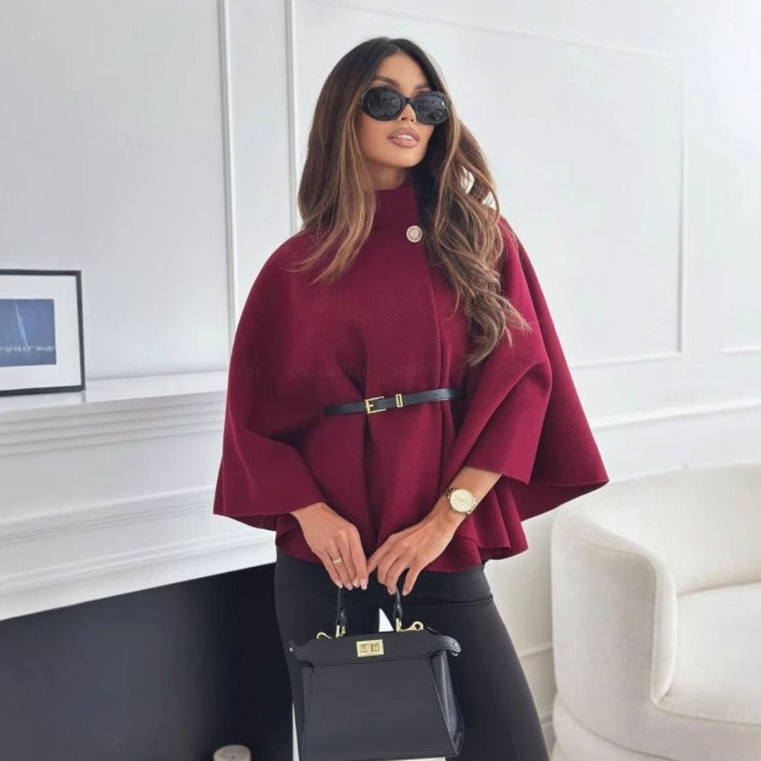 Women's Elegant Belted Cape Jacket Mock-Neck Batwing Sleeve - Red