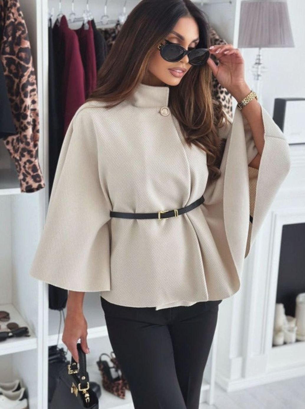 Women's Elegant Belted Cape Jacket Mock-Neck Batwing Sleeve - Khaki