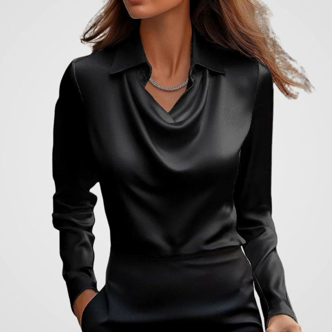 Women's Elegant Draped-Neck Long-Sleeve Satin Blouse - Black