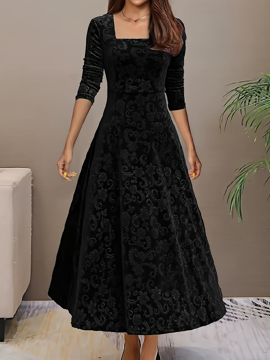 Women's Embossed Velvet Square-Neck A-Line Midi Dress - Black