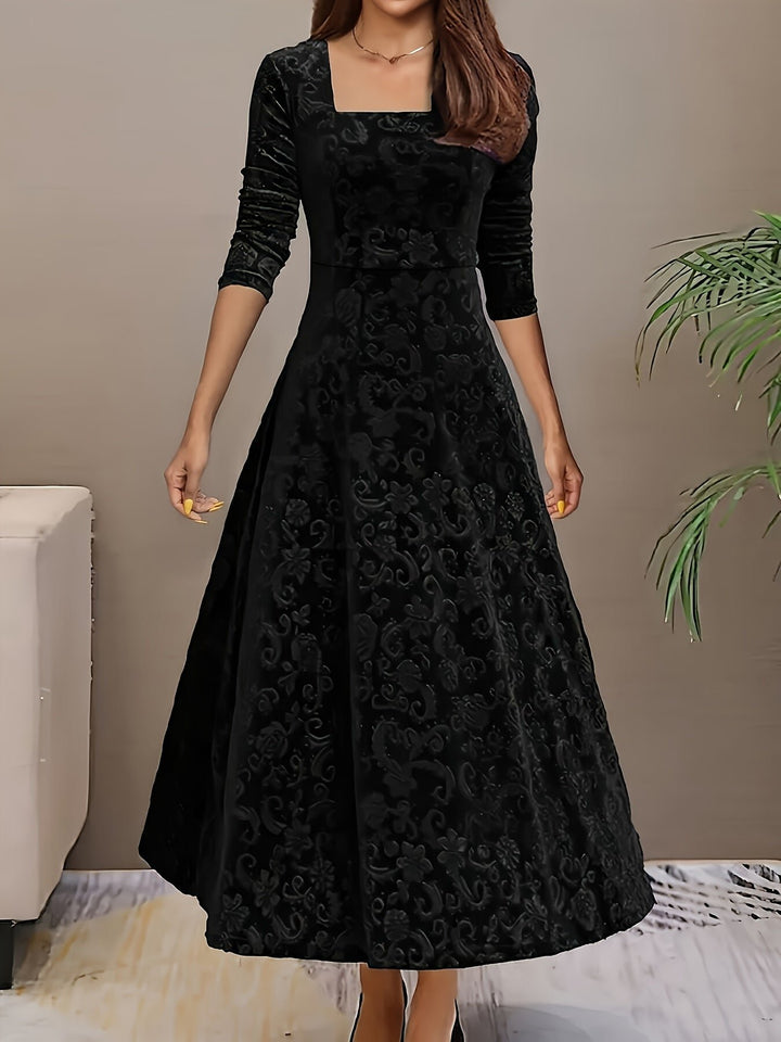 Women's Embossed Velvet Square-Neck A-Line Midi Dress - Black