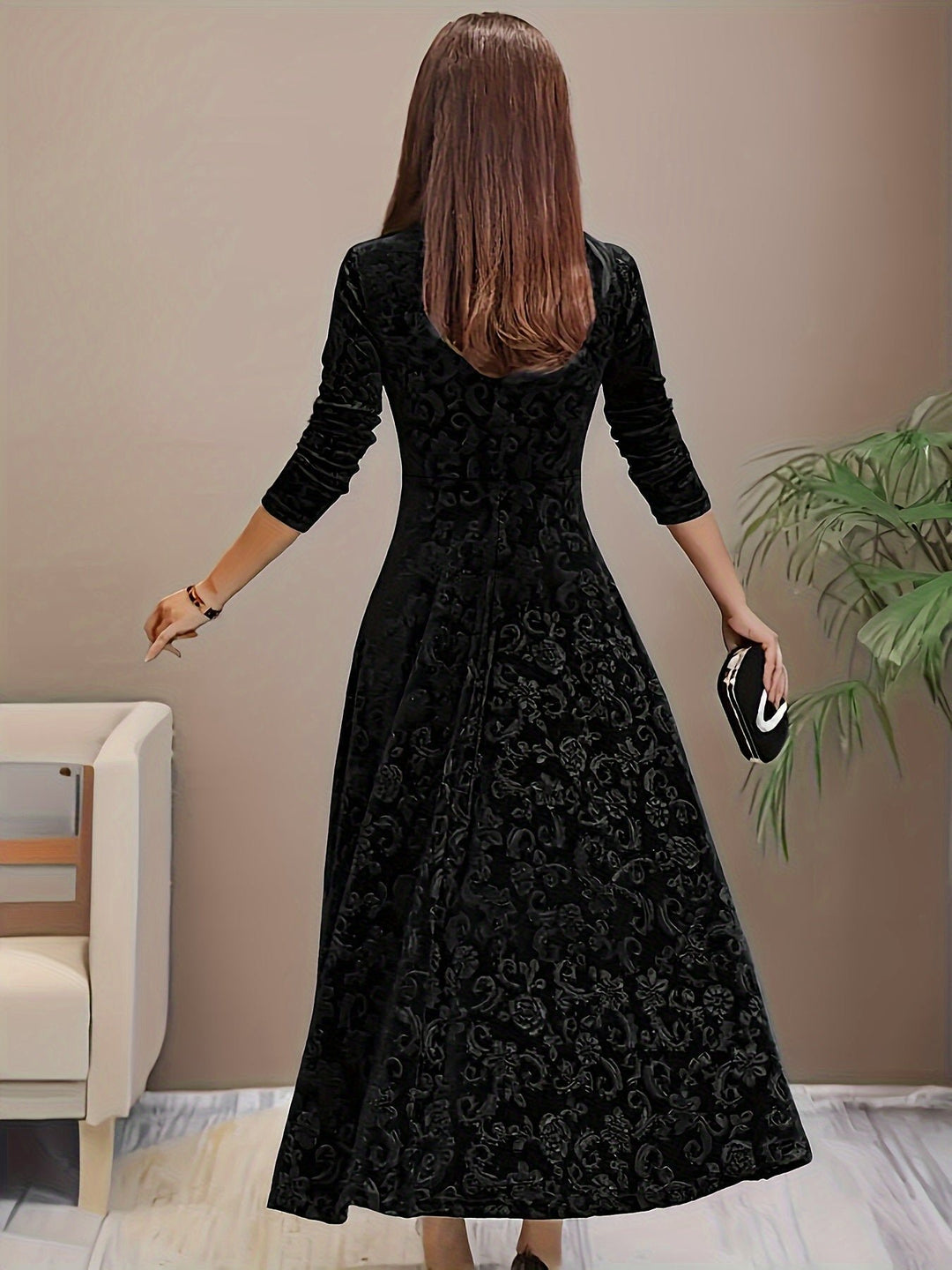 Women's Embossed Velvet Square-Neck A-Line Midi Dress