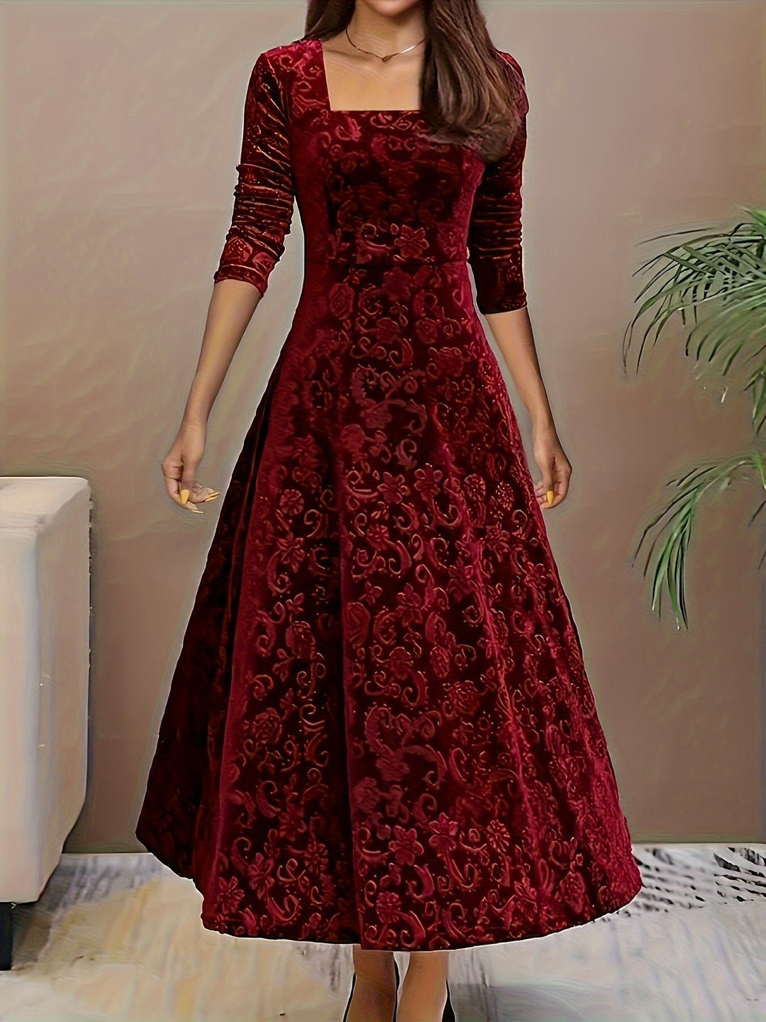 Women's Embossed Velvet Square-Neck A-Line Midi Dress - Red