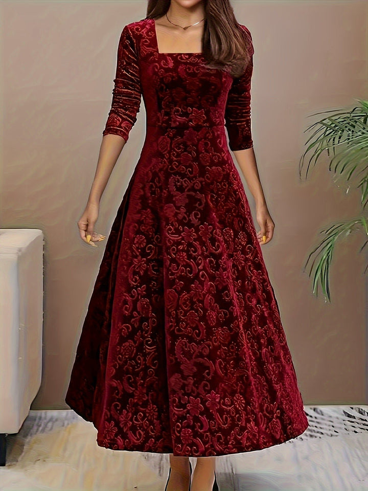 Women's Embossed Velvet Square-Neck A-Line Midi Dress - Red