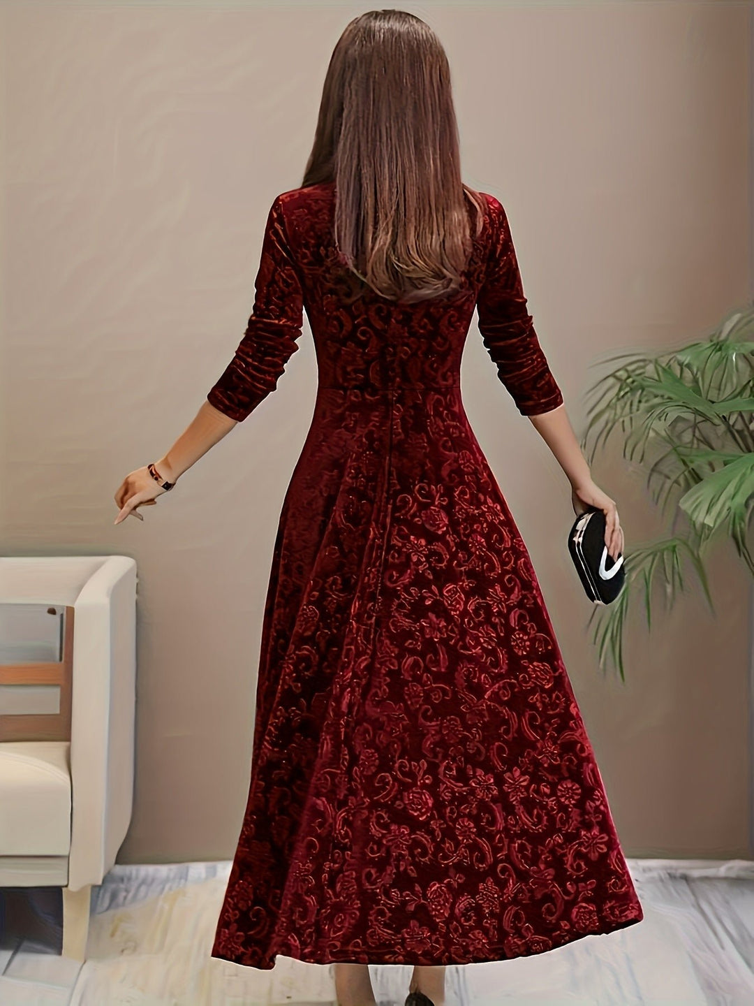 Women's Embossed Velvet Square-Neck A-Line Midi Dress