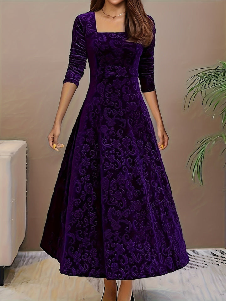Women's Embossed Velvet Square-Neck A-Line Midi Dress - Purple