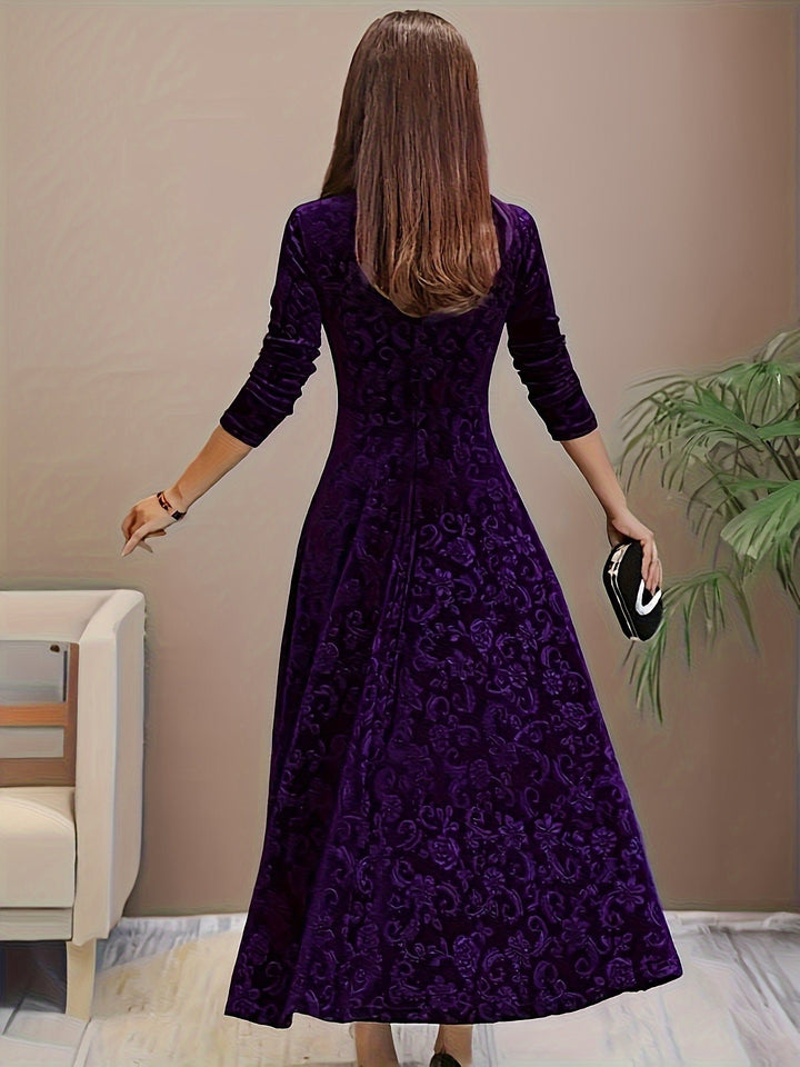 Women's Embossed Velvet Square-Neck A-Line Midi Dress