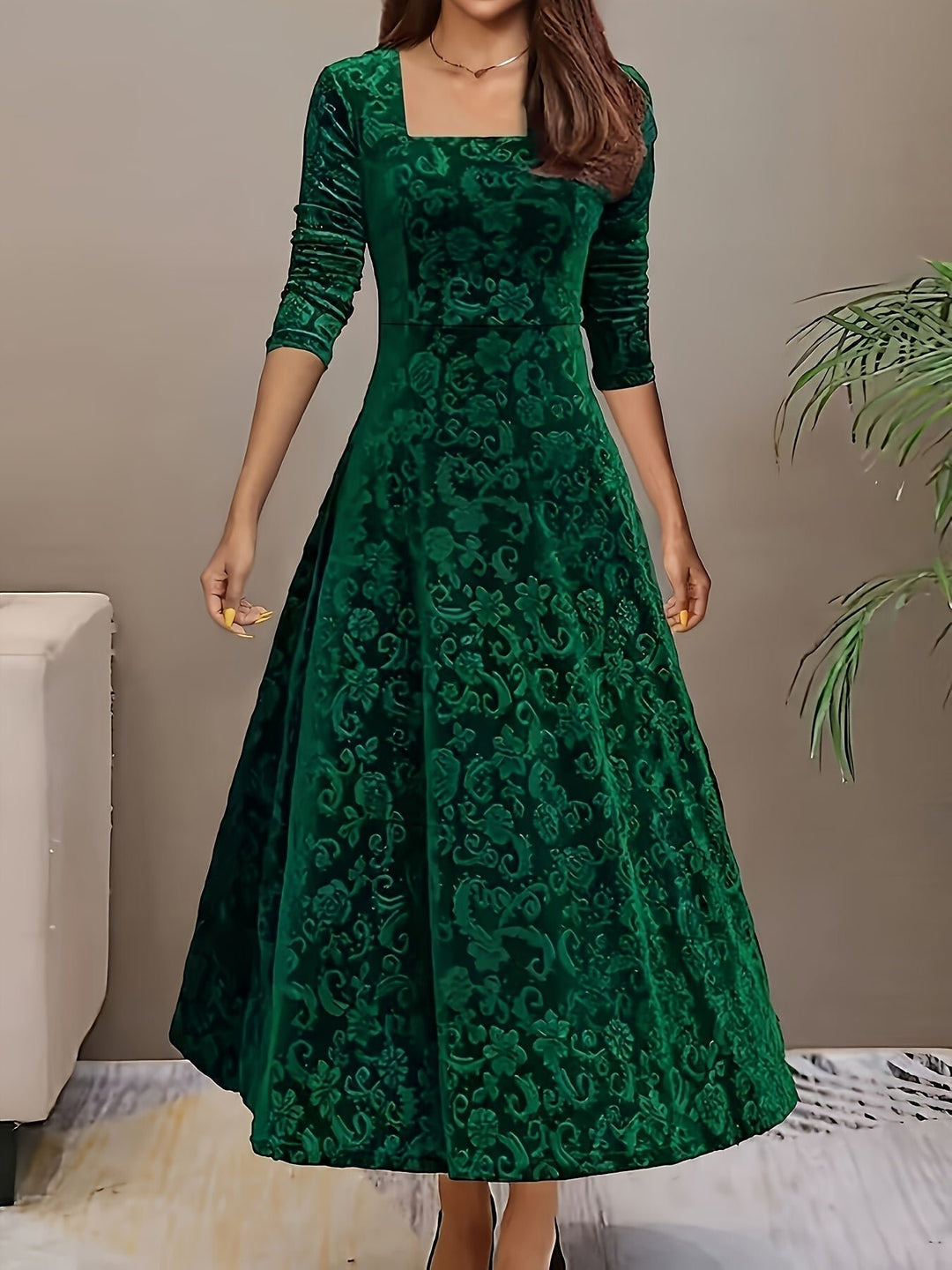 Women's Embossed Velvet Square-Neck A-Line Midi Dress - Green