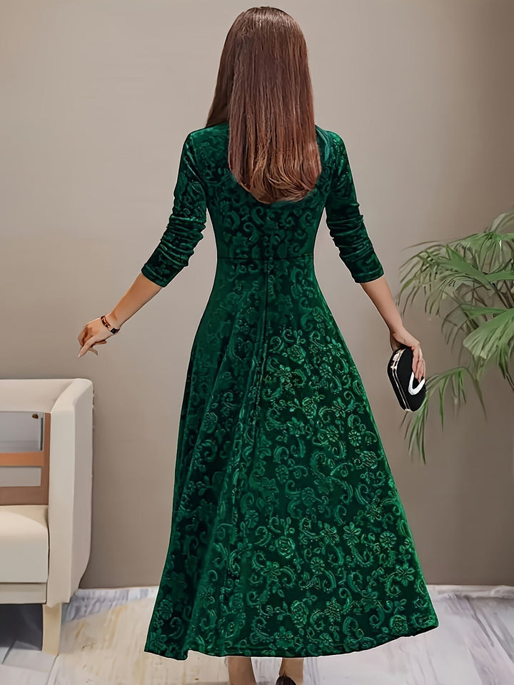 Women's Embossed Velvet Square-Neck A-Line Midi Dress