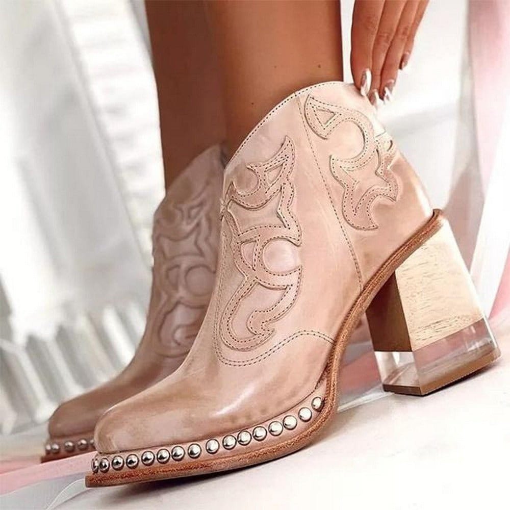 Women's Embroidered Block-Heel Studded Western Ankle Boots - Dune Pink