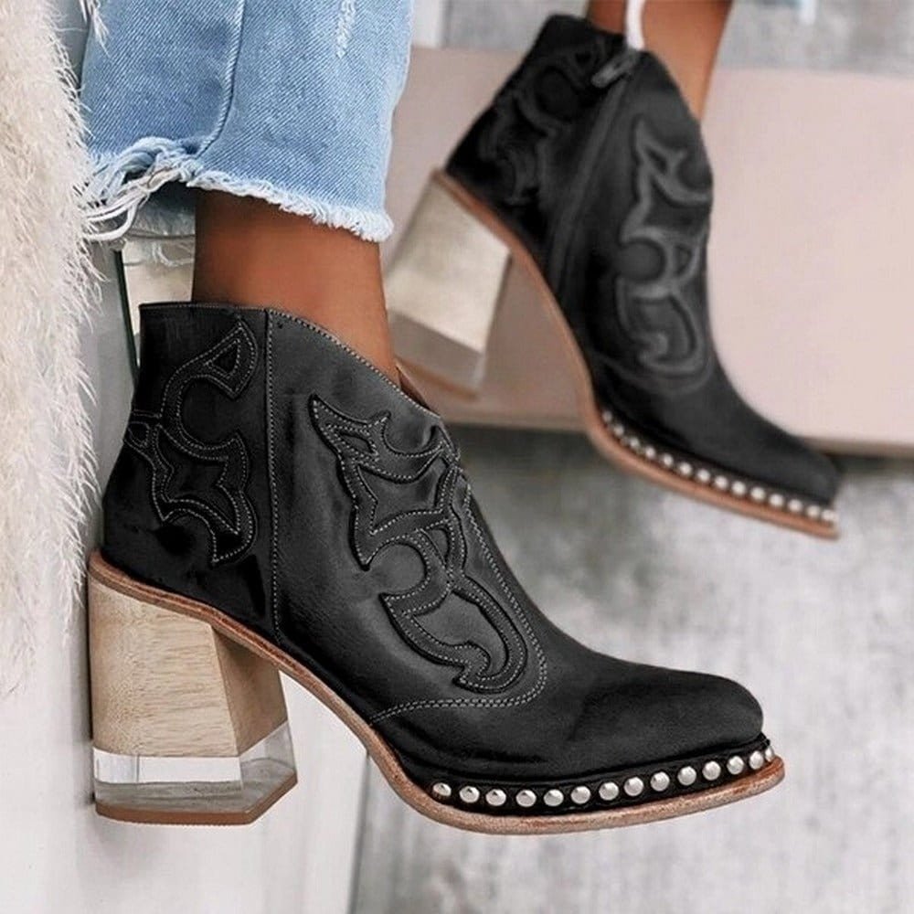 Women's Embroidered Block-Heel Studded Western Ankle Boots - Santafe Black