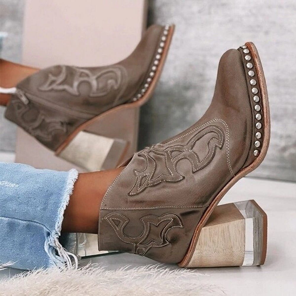 Women's Embroidered Block-Heel Studded Western Ankle Boots - Texan Brown