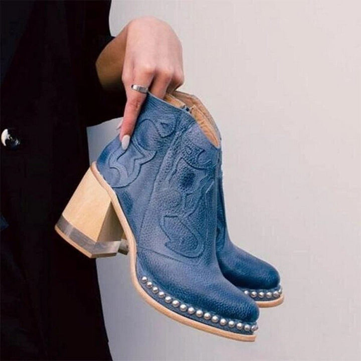 Women's Embroidered Block-Heel Studded Western Ankle Boots - Capri Blue