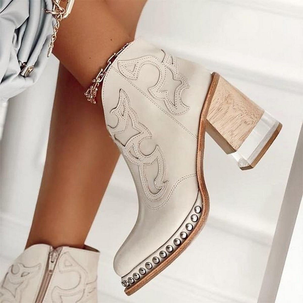Women's Embroidered Block-Heel Studded Western Ankle Boots - Vegas White