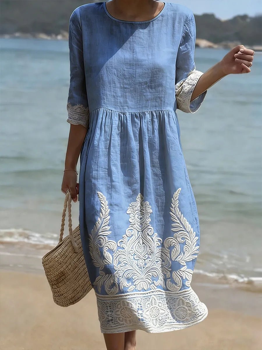 Women's Embroidered Lace-Trim Midi Party Dress - Blue