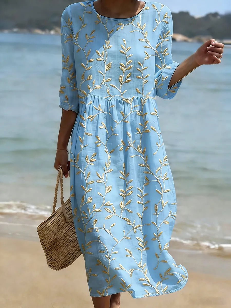 Women's Embroidered Leaf Floral Midi Party Dress Round Neck - Blue