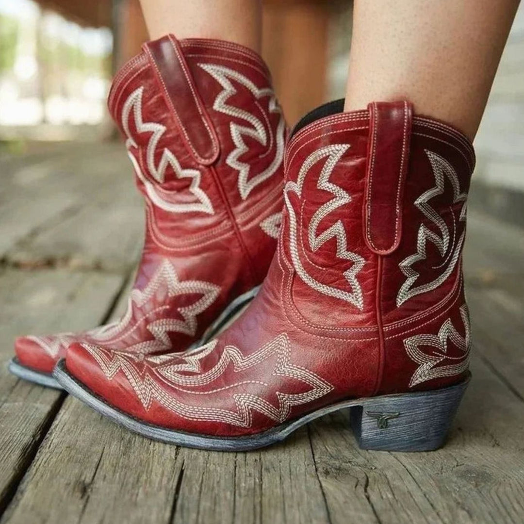 Women's Embroidered Pull-On Western Cowboy Ankle Boots - Red