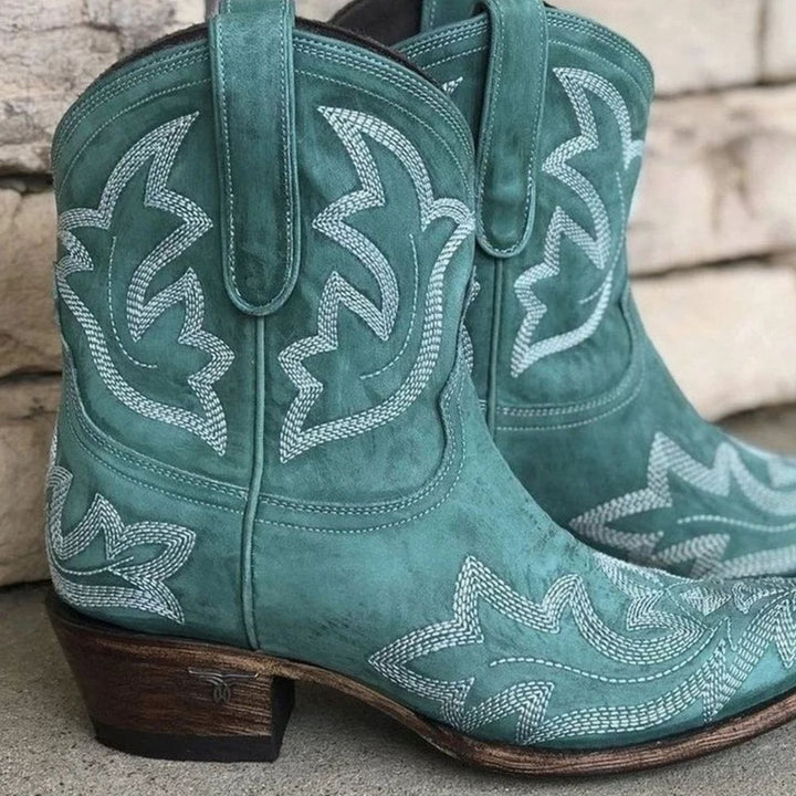 Women's Embroidered Pull-On Western Cowboy Ankle Boots - Green