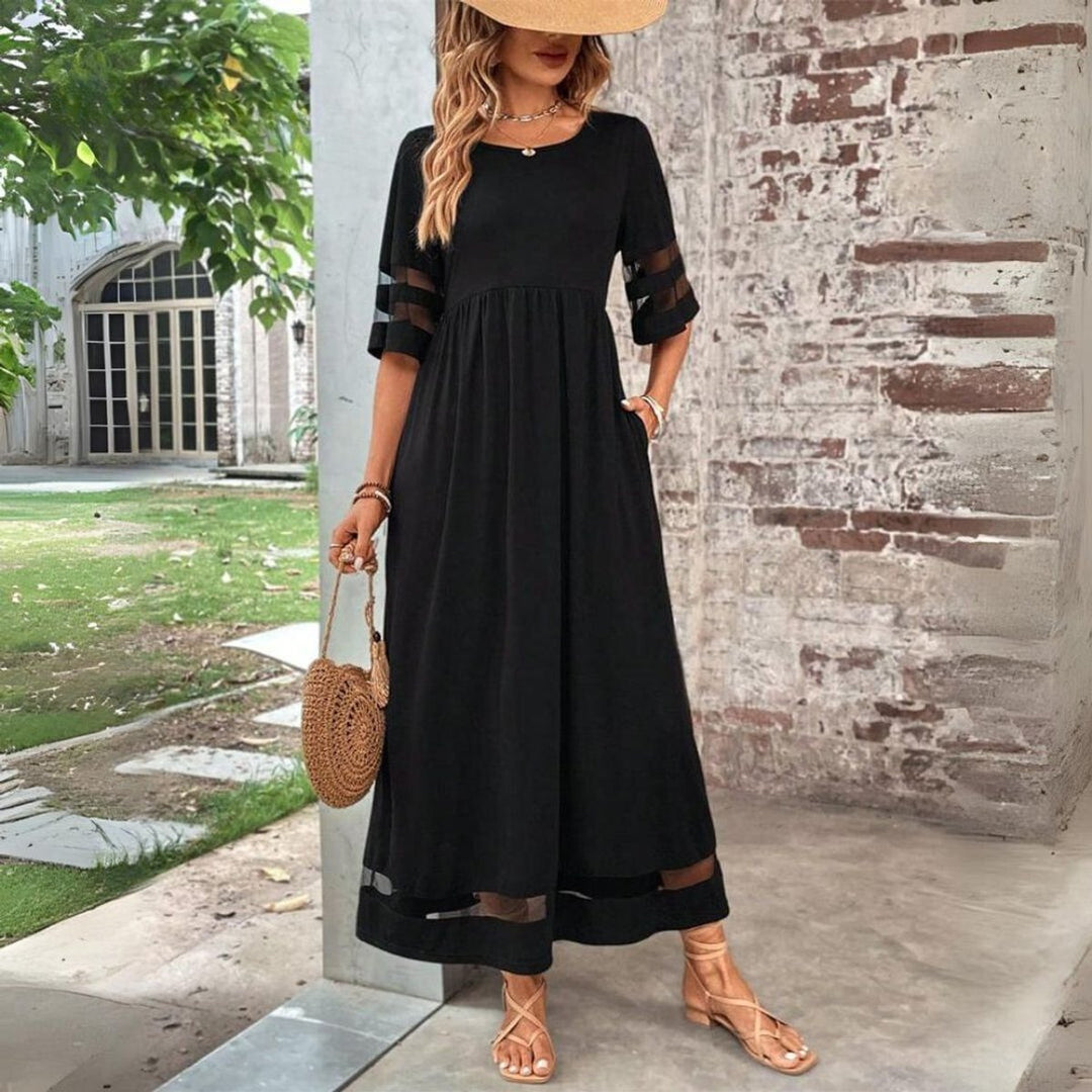 Women's Empire-Waist Mesh-Panel Long Sleeve Dress Maxi - Black