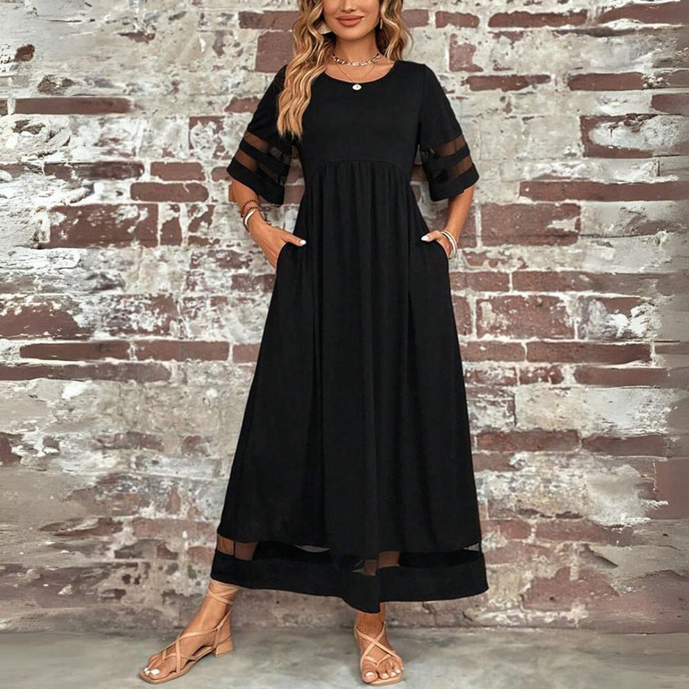 Women's Empire-Waist Mesh-Panel Long Sleeve Dress Maxi