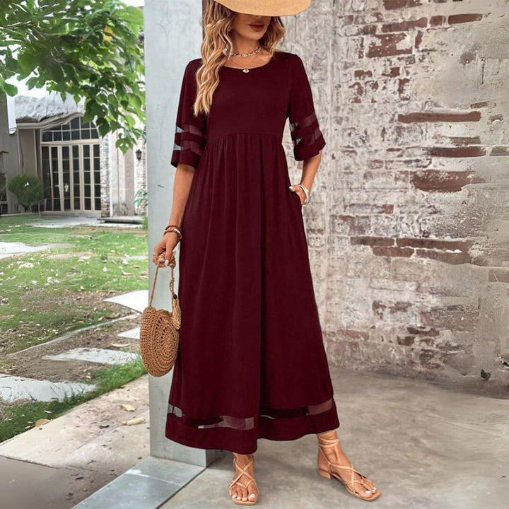 Women's Empire-Waist Mesh-Panel Long Sleeve Dress Maxi - Red