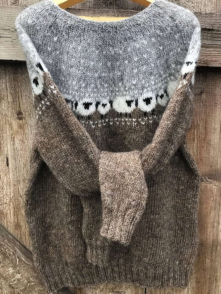 Women's Fair Isle Sheep Jacquard Thick-Knit Pullover Sweater - Gray