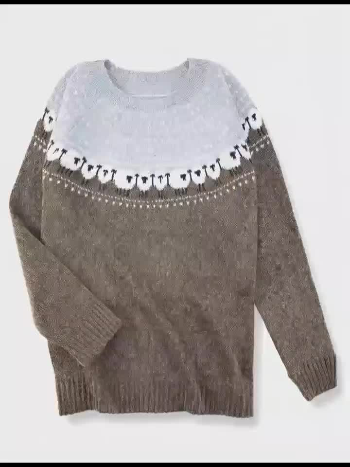 Women's Fair Isle Sheep Jacquard Thick-Knit Pullover Sweater
