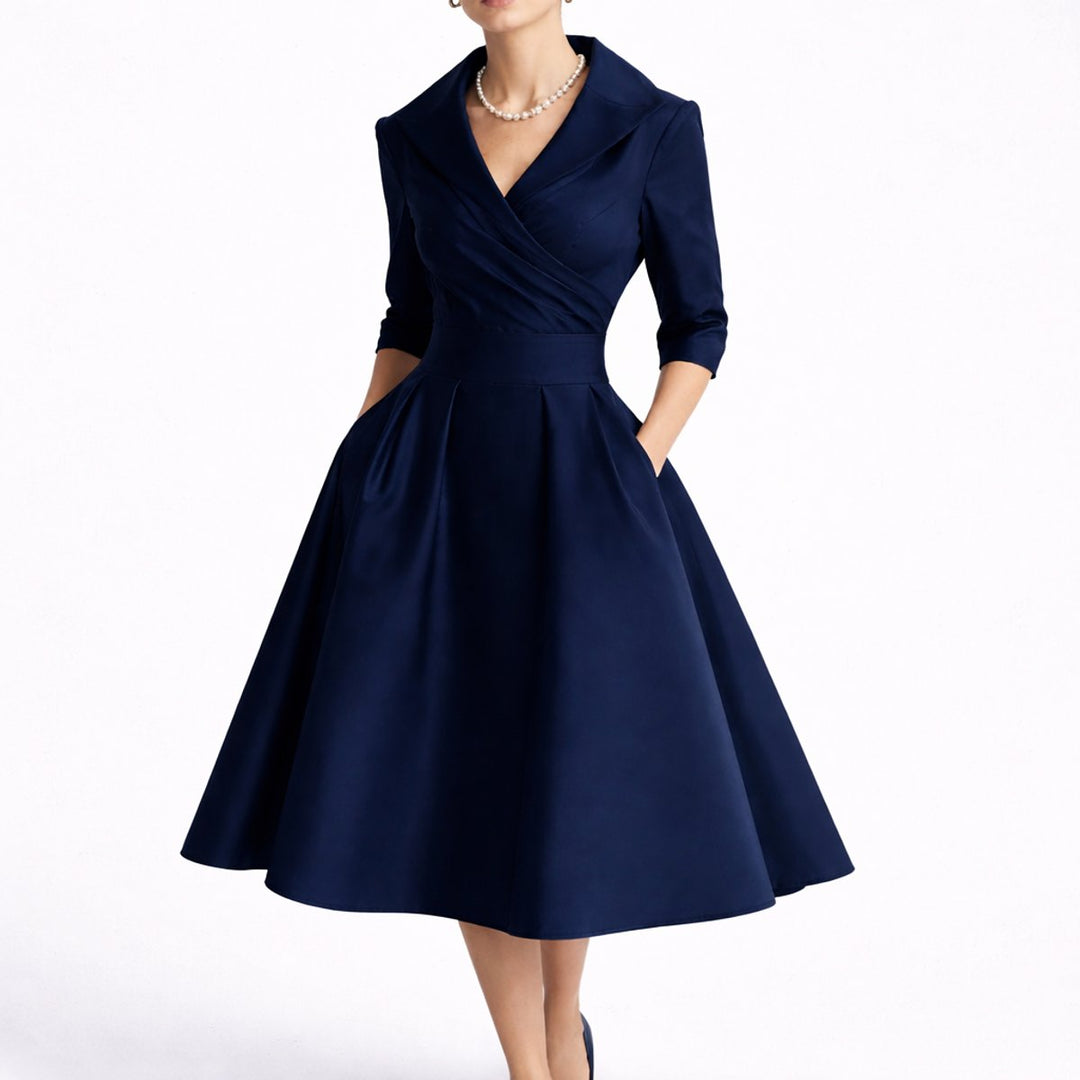 Women's Fall Wedding Guest Dresses A-Line Midi Wrap Dress - Navy