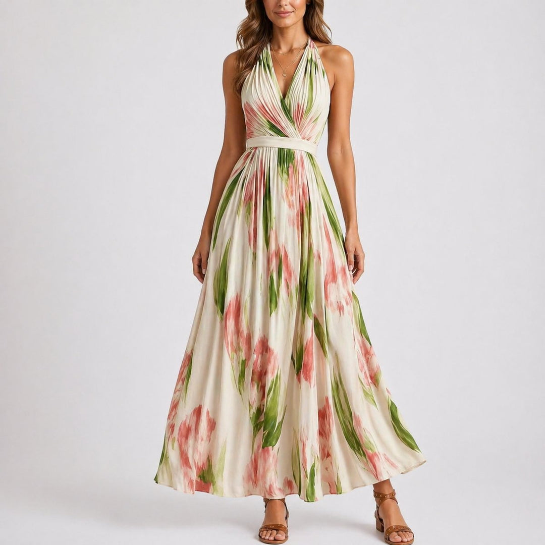 Women's Fall Wedding Guest Dresses Floral Halter Pleated Maxi Dress - Floral