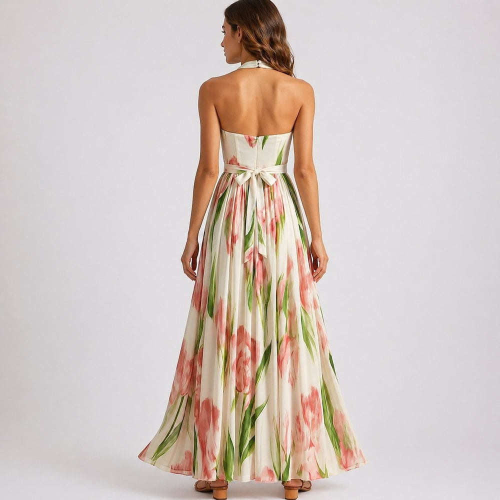 Women's Fall Wedding Guest Dresses Floral Halter Pleated Maxi Dress